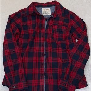 Red and navy plaid button up